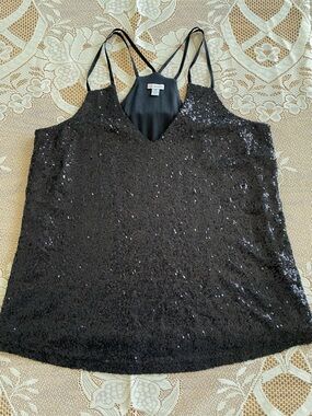 Guess Black Sequin V-Neck Cami Top- Small